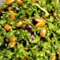 Kale Salad · Pumpkin seeds, dried cranberries, maple vinaigrette.