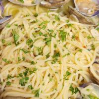 Linguine  And Clams · Manila Clams in our Homemade White Wine and Garlic Sauce