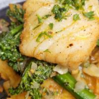 Mediterranean Cod Fish · Pan seared cod fish, broccolini, mashed fingerling potatoes.