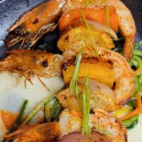 Shrimp Shish Kabob · Grilled Jumbo Shrimp, Bell Peppers, Onions, on a Bed of Julienne Vegetables
