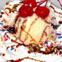Waffle Sundae · Ice cream, walnuts, chocolate syrup, sprinkles, powdered sugar, whipped cream and a cherry o...