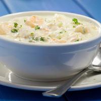 Bright Buoy Chowda · Creamy and jam packed with a boatload of fish, shrimp and bacon.