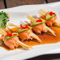 (New) Summer Temptation  · Spicy kani, cucumber wrapped w. fresh salmon & avocado served with wasabi yuzu sauce and tob...