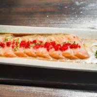 (New) Salmon Carpaccio  · Seared salmon belly w/ yuzu sauce & wasabi mayo.