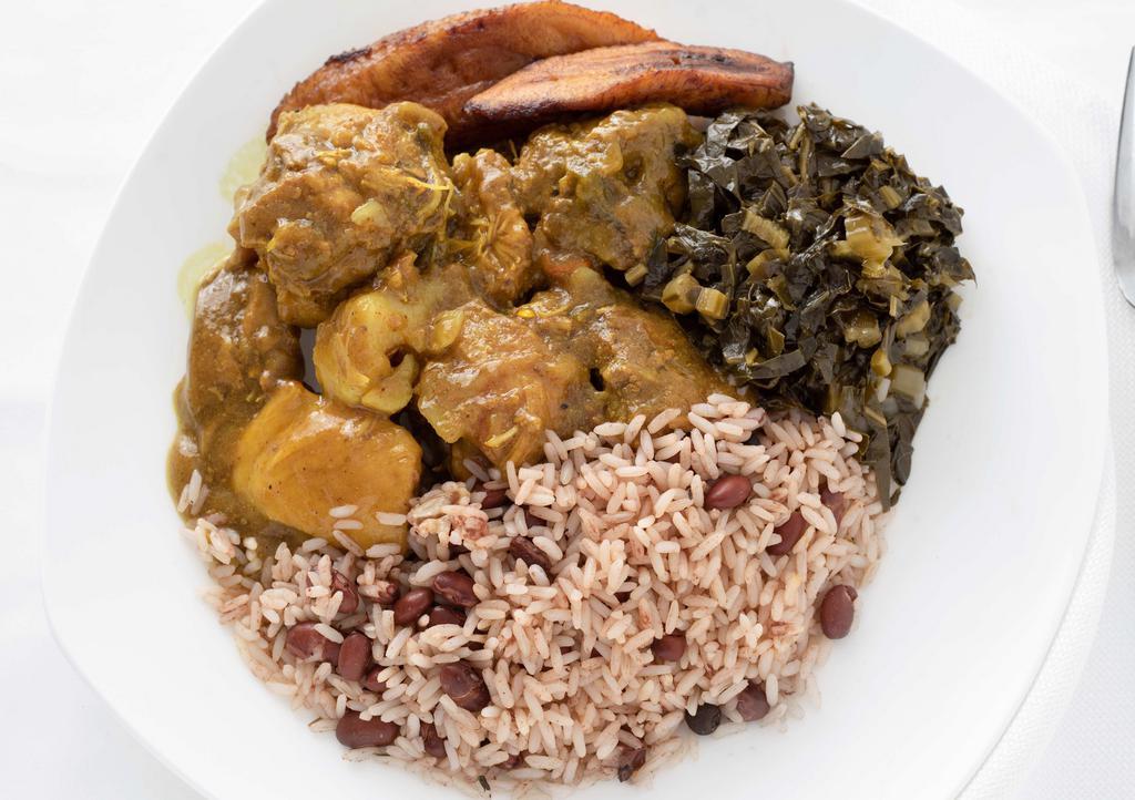Curry Chicken · Seasoned chicken cooked with potatoes in curry sauce. Served with rice and peas, white rice or yellow rice and choice of macaroni and cheese, a garden salad, sautéed cabbage carrots, potato salad, candid yams or collard greens.