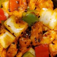 Chilly Chicken Dry · Boneless chicken cooked in a spicy or mild sauce with onions, bell peppers and celery.