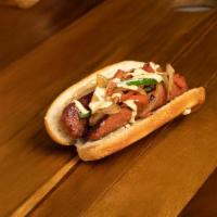 Spicy Chorizo · Argentina spicy sausage with grilled bell pepper ,grilled onions and honey mustard