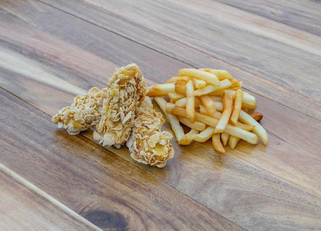 Kids Chicken Fingers · Corn flake coated chicken crispy fries and bottle water
