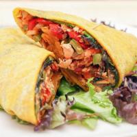 Juicy Salmon Wrap · Sweet and Spicy pan Seared Salmon Mixed with onions and peppers wrapped in Coconut Wrap