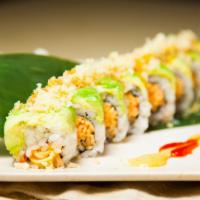 Kawasaki Roll · Spicy kani wrapped with avocado, topped with crunch, and drizzled with sweet sauce.