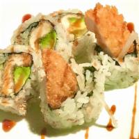 Chicken Tempura Roll · fried chicken with avocado and cucumber . eel sauce on top.
