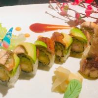 Dancing Dragon Roll · Shrimp tempura and cucumber roll with eel and avocado on top.