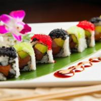 Tri-Color Roll · Tuna, salmon, yellowtail and avocado topped with three different color tobiko.