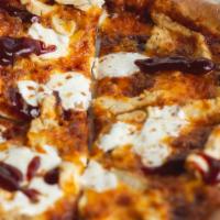 Bbq Chicken · BBQ chicken with red onions, cheddar cheese and fresh mozzarella.