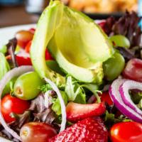 Lisa'S Summer Salad · Gluten free. Mixed greens, avocado, tomato, cucumber, grapes, strawberries & red onion with ...