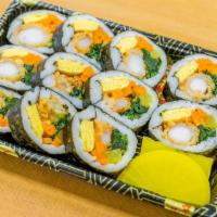 Shrimp Rice Roll (새우 김밥) · rice. Laver. Sesame. Salt. Yellow Radish. Shrimp. Carrot. Spinach. egg.