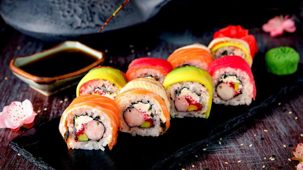 Rainbow Roll · Crab, avocado, cucumber, tuna, salmon, and whitefish.