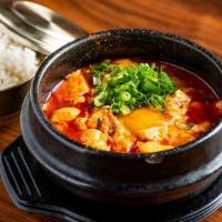 Soon Doo Boo Chigae · Hot. Spicy soft tofu stew onion, green squash, egg, meat broth.