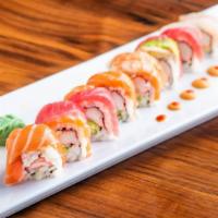 Rainbow Roll · Tuna, salmon, whitefish, shrimp, and avocado on top of California roll.