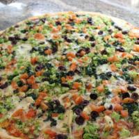 Veggie Lovers · Mozzarella cheese, tomato sauce, mushrooms, broccoli, spinach, peppers, onions, and black ol...