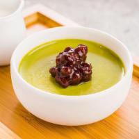 Matcha Pudding With Red Bean / 红豆抹茶布丁 · Matcha pudding topped with sweet red beans, served with fresh milk on the side.