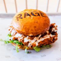 Raging Fried Chicken Burger · Buttermilk Fried Chicken tossed in House-Made Rage Sauce, Shredded Lettuce, Dill Pickles, Ch...