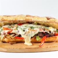 Bacon Philly Cheesesteak · Juicy steak, crispy bacon strips, onions, peppers, and American cheese, served on a buttered...
