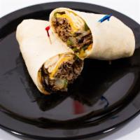 Steak & Egg Breakfast · Two over easy eggs, sautéed peppers and onions, steak, and American cheese WRAPPED IN A TORT...