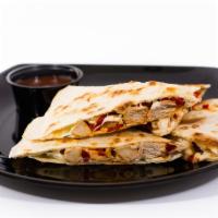 Fresh Mozz Roasted Red Pepper Quesadilla · Grilled chicken, roasted red peppers, fresh basil, and fresh mozzarella cheese. Served with ...
