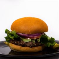 Angus Burger · Lettuce, tomato, red onion and pickles. Served on a brioche bun. Cooked medium well.