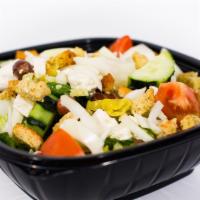 Greek Salad · Tomatoes, cucumbers, feta cheese, kalamata olives, hot peppers, white onions and croutons. S...
