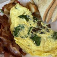 Build Your Own 3-Egg Omelette · Served with your choice of any 2 ingredients: ham, sausage, bacon, cheese, mushrooms, onions...