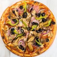 Singas Special Pizza · Pepperoni, sausage, mushrooms, onions, green peppers, and black olives.