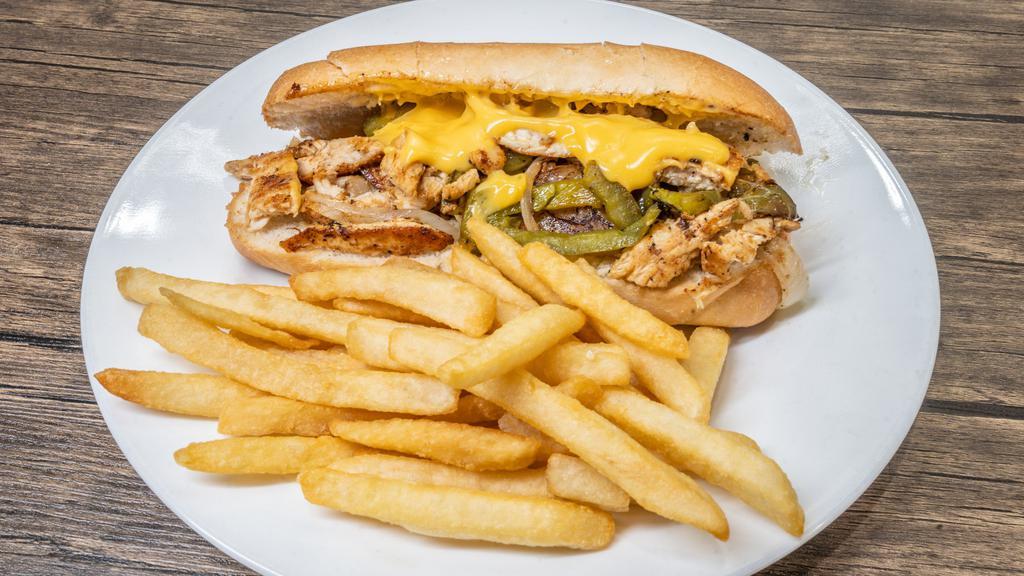 Philly Cheesesteak · Peppers, onions, American cheese.