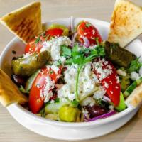 Greek Salad · romaine lettuce, tomato, cucumber, red onion, kalamata olives, feta cheese, pepperoncini, gr...