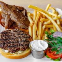 Gyro Burger · 8 oz grass fed beef with gyro, feta cheese, lettuce, tomato, onion, on a brioche roll with y...