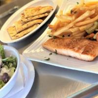 Wild Caught Salmon · with herbs, olive, oil, and lemon. Includes a Greek salad, choice of fries, lemon potatoes o...