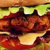 Cheddar Chicken Sandwich · 6 oz fried chicken breast, cheddar cheese, bacon, lettuce, tomato, special sauce on a brioch...