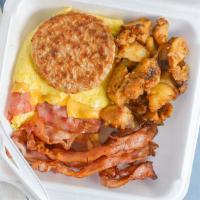 Hungry Man · Three eggs, bacon, sausage, ham, and cheese on a hero.