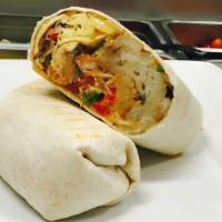 Breakfast Burrito · Omelette with bacon, ham, or sausages mixed cheese home fries wrapped in a flour tortilla.