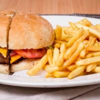 Cheeseburger Deluxe · With french fries.