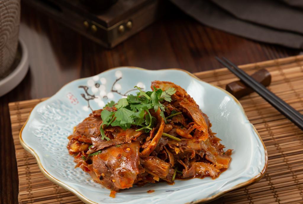 Ox Tongue, Tripe With Spicy Peppery Sauce · Contains fresh garlic, cilantro, peanuts. Spicy.