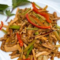 Shredded Pork With Smoked Bean Curd · Sauteed shredded pork w. Smoked bean curd, celery and red pepper.