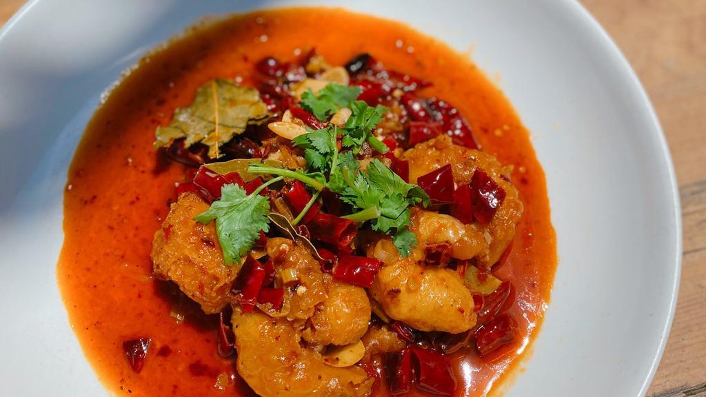 Stir Fried Jumbo Shrimp With Spicy Sauce · Stir fried prawns and dried red peppers w. Hot spicy sauce. Spicy.