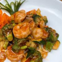 Jumbo Shrimp With Mixed Vegetables · Sauteed prawns and broccoli, snow peas, green pepper, luffa, water chestnut w. Brown sauce. ...