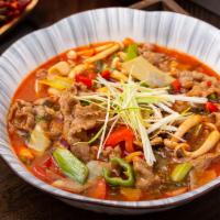 Braised Sliced Beef（木桶肥牛） · Sliced beef with sour string bean, mushrooms and red & green peppers. Every main dish comes ...