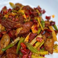 Crispy Pork Intestine（干煸肥肠） · Crispy pork intestine with dry red peppers. Every main dish comes with (1) white rice or (1)...