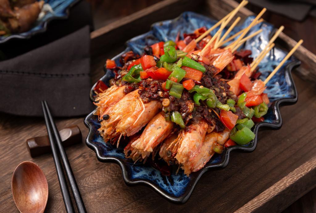 Chopstick Shrimp  筷子虾 · Jumbo Shrimp,  Dried pepper, Onion, red and green pepper with House special sauce.