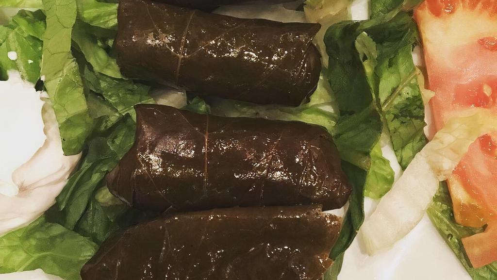 Dolmades · Grapevine leaves stuffed with rice, herbs.