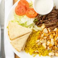 Mixed Platter With Rice, Salad, Pita And Soda · 